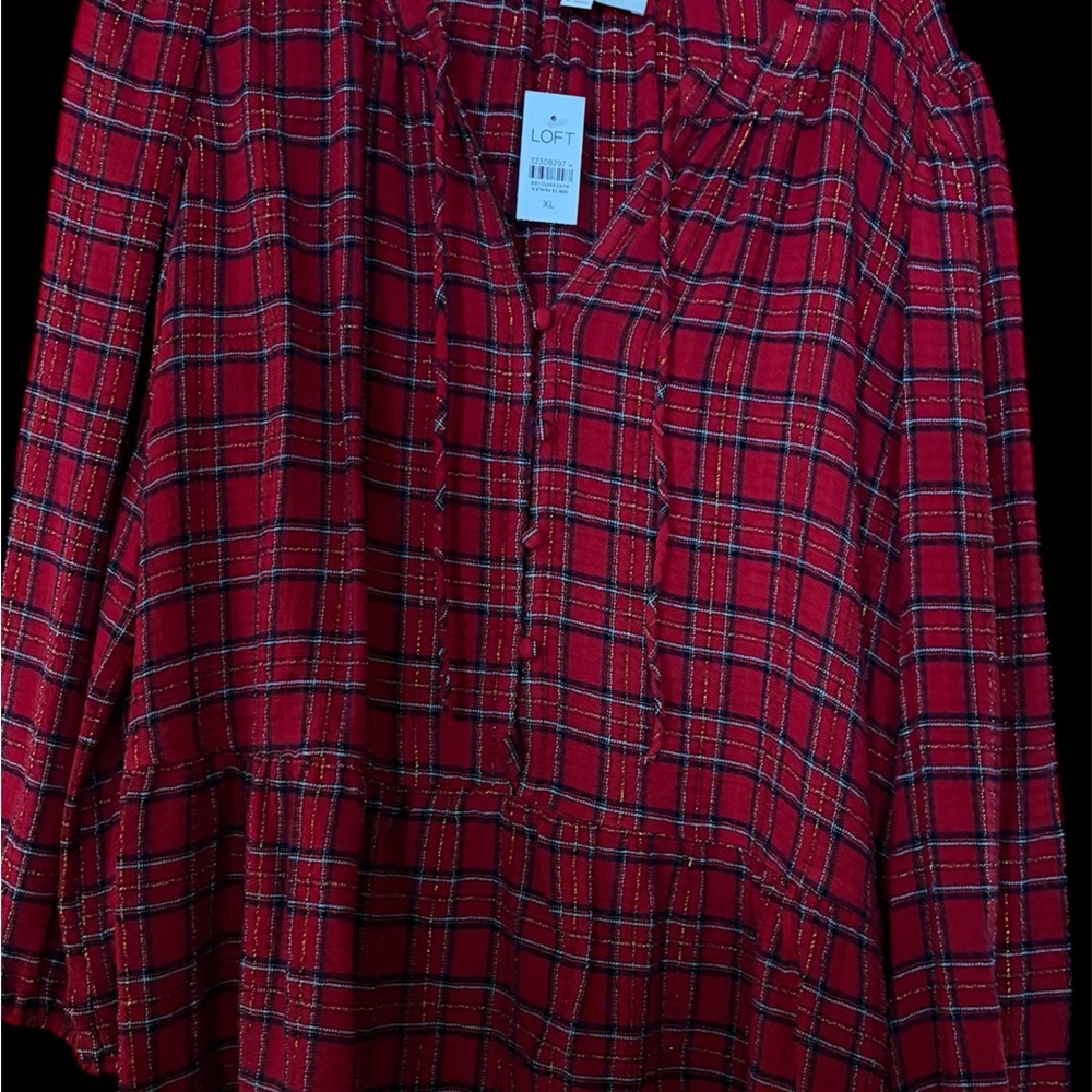 LOFT Red Plaid Peplum Blouse XL